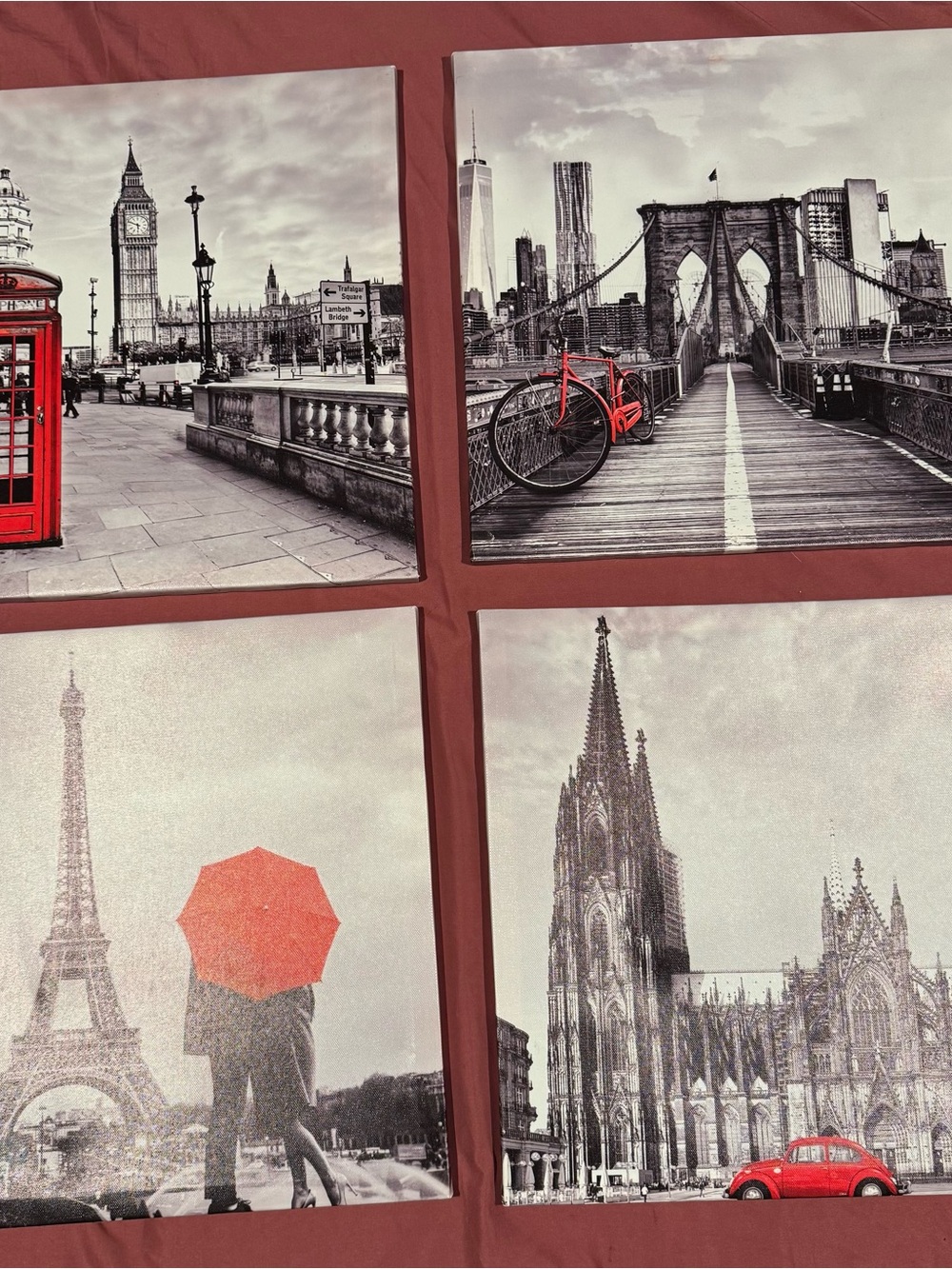 Monochrome Cityscape Canvas Set with Red Accents - Urban Romance